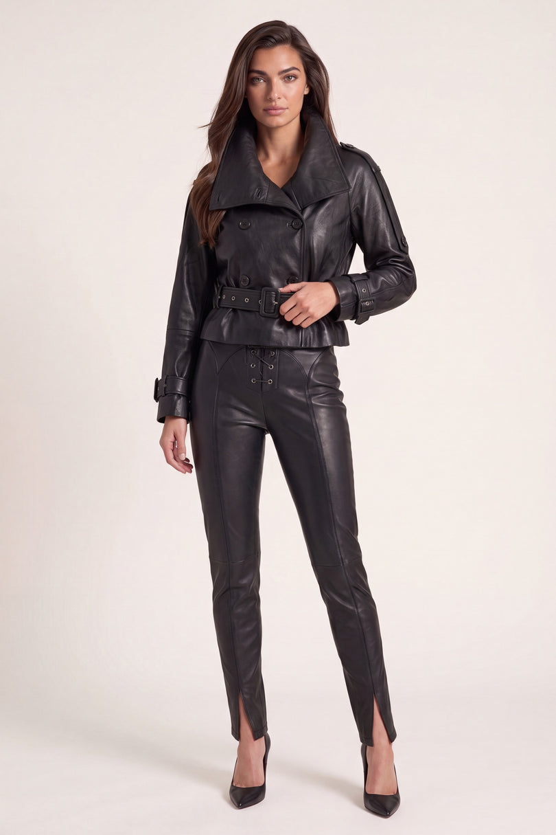 Double-Breasted Leather Jacket - Black - freestyle view