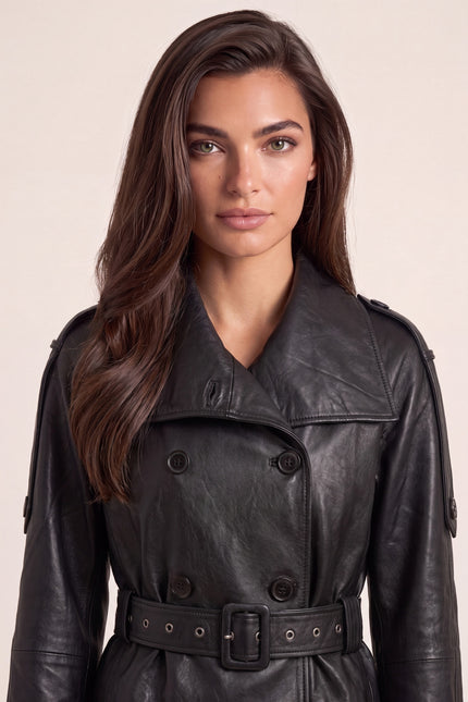 Double-Breasted Leather Jacket - Black - macro view