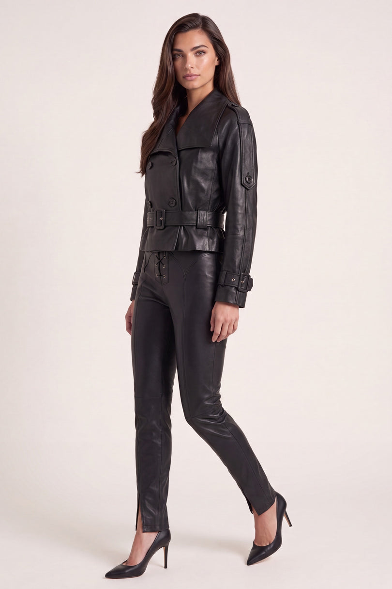 Double-Breasted Leather Jacket - Black - side view