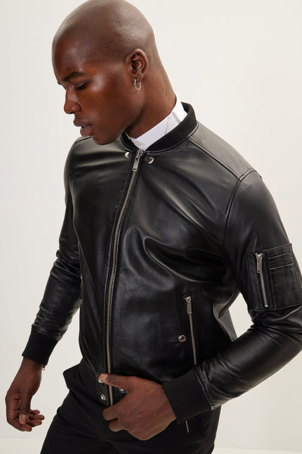 Men's The Sleek Leather Bomber Jacket - Black - Ron Tomson Leather