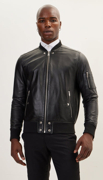 The Sleek Leather Bomber Jacket - Black - Ron Tomson
