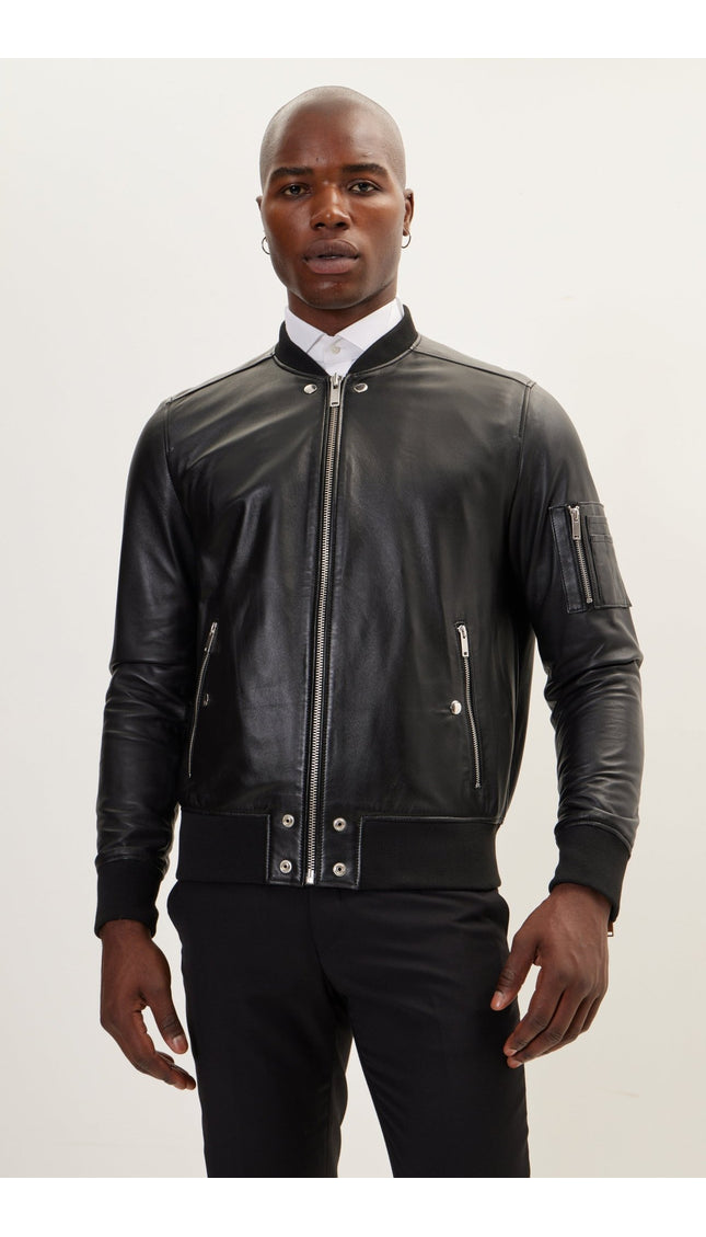 The Sleek Leather Bomber Jacket - Black - Ron Tomson