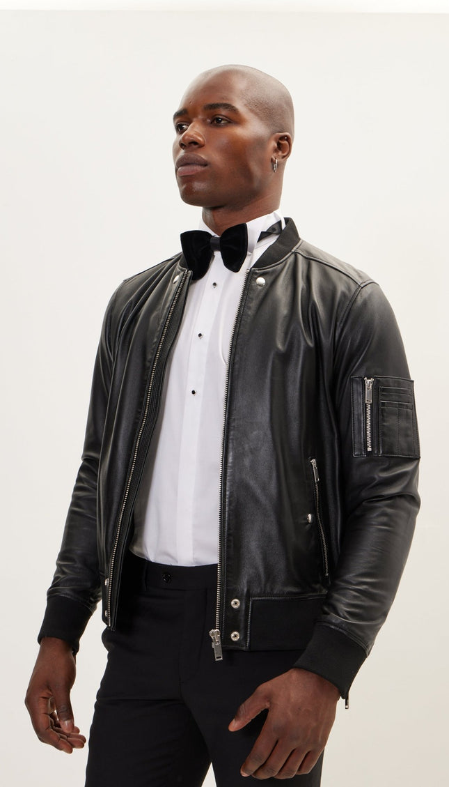 The Sleek Leather Bomber Jacket - Black - Ron Tomson