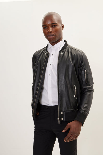 Men's The Sleek Leather Bomber Jacket - Black - Ron Tomson Leather