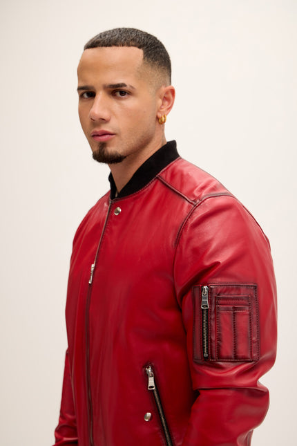 Men's The Sleek Leather Bomber Jacket - Red Tint - Ron Tomson Leather