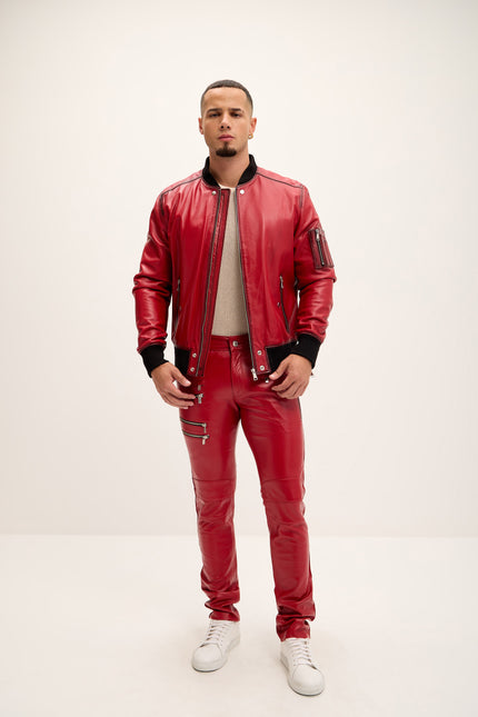 Men's The Sleek Leather Bomber Jacket - Red Tint - Ron Tomson Leather