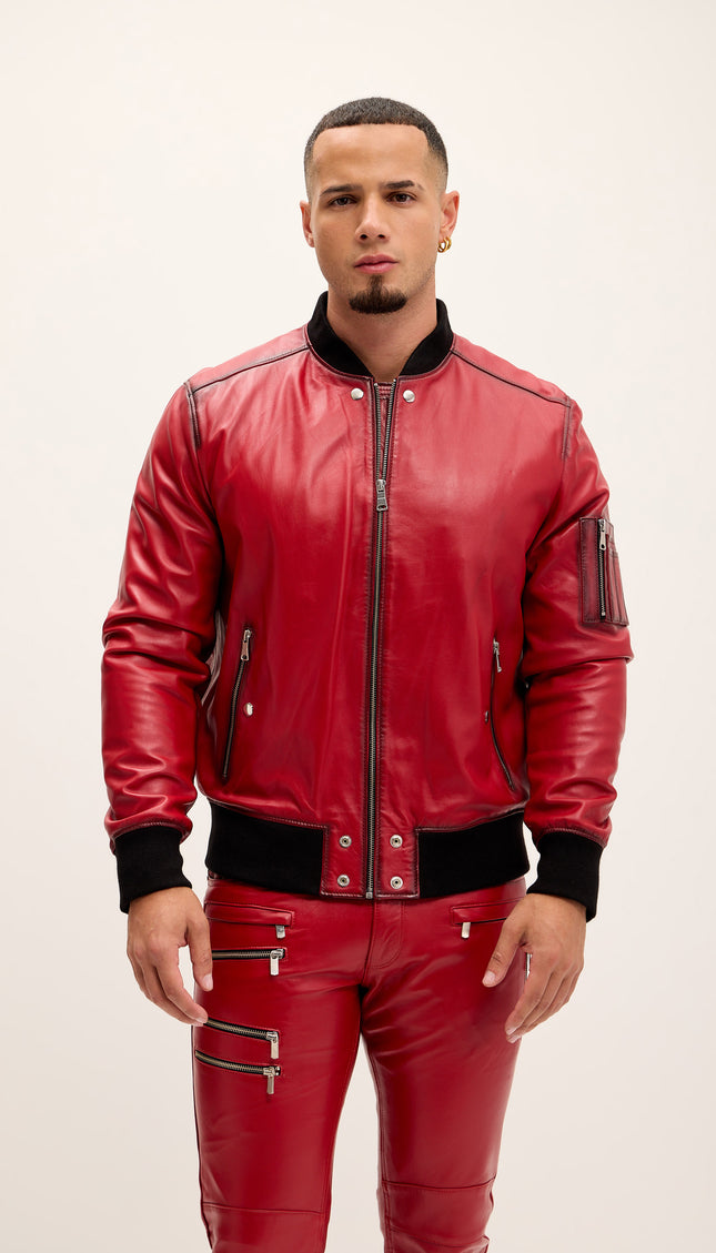 The Sleek Leather Bomber Jacket - Red Tint - Ron Tomson