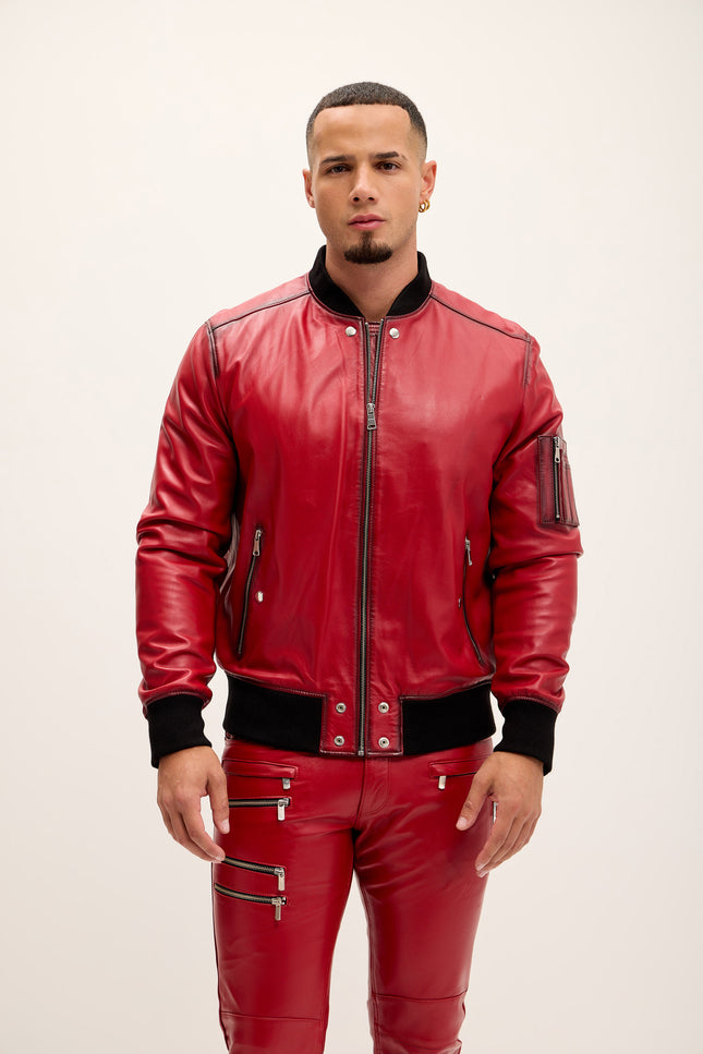 Men's The Sleek Leather Bomber Jacket - Red Tint - Ron Tomson