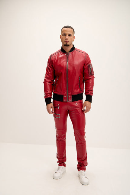 Men's The Sleek Leather Bomber Jacket - Red Tint - Ron Tomson Leather
