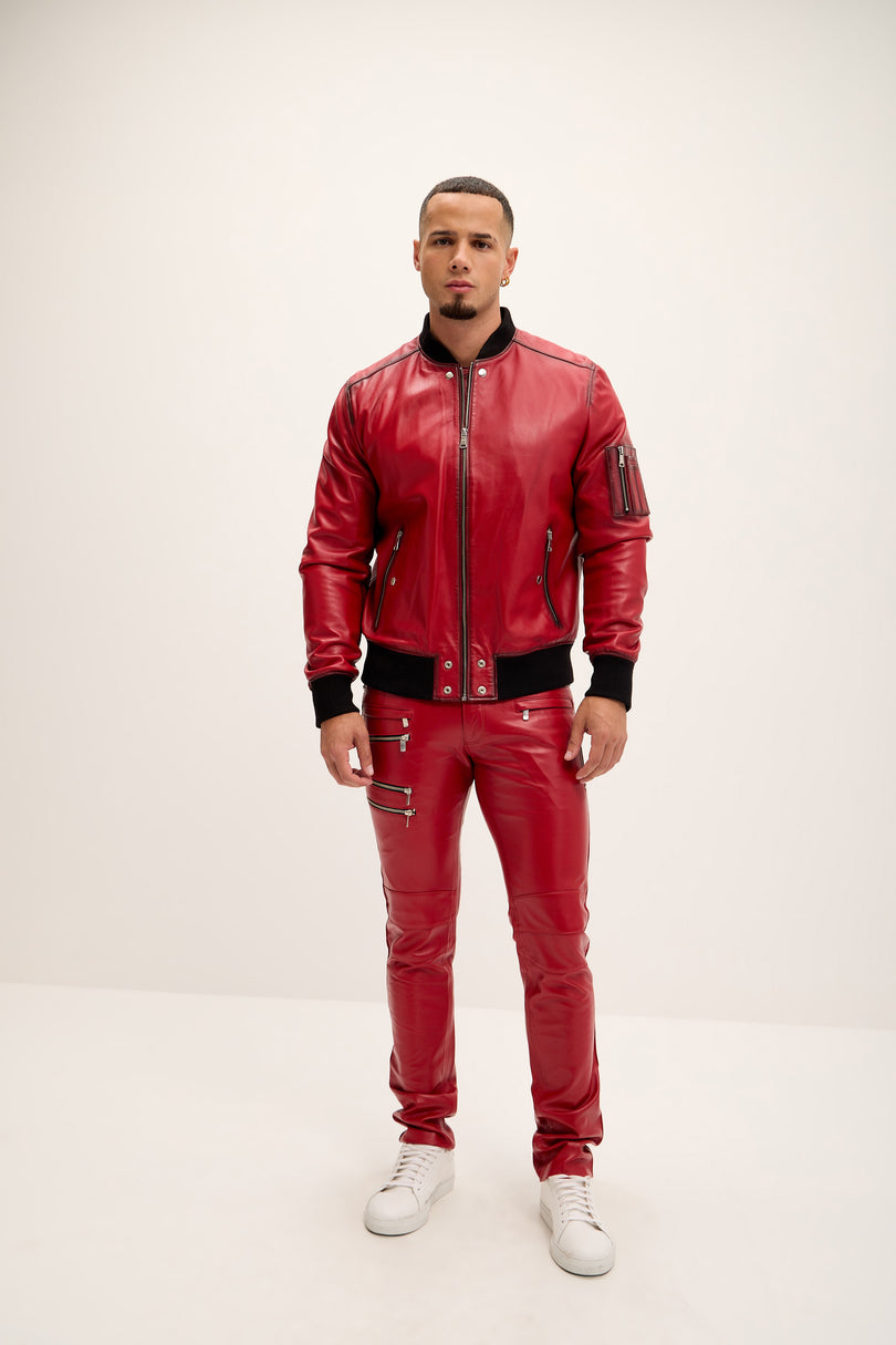 Men's The Sleek Leather Bomber Jacket - Red Tint - Ron Tomson Leather