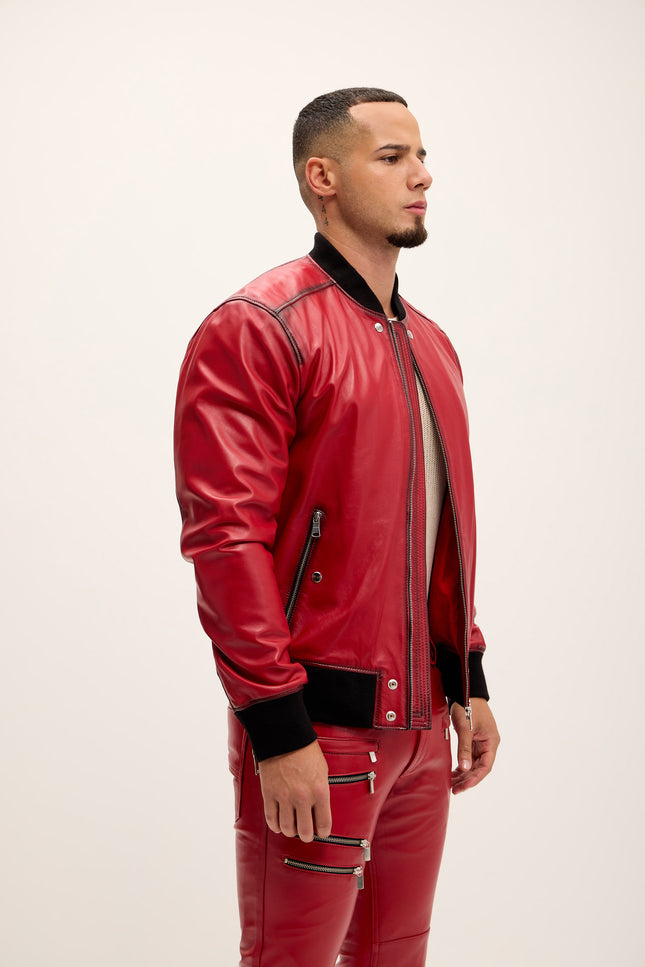Men's The Sleek Leather Bomber Jacket - Red Tint - Ron Tomson Leather