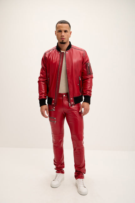 Men's The Sleek Leather Bomber Jacket - Red Tint - Ron Tomson Leather