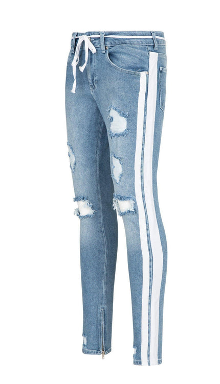Thrashed Side Stripe Ice Blue Skinny Fit Jeans - Ron Tomson