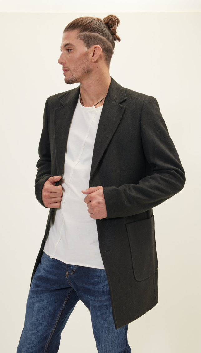 Three - Button Closure Winter Coat - Black - Ron Tomson