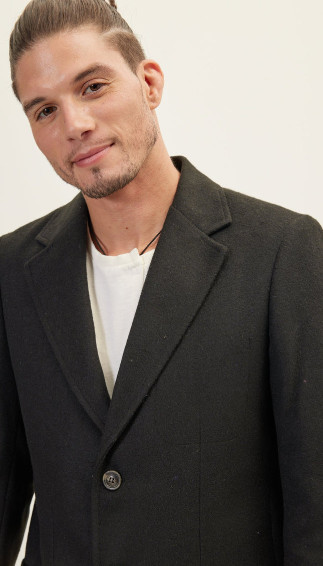 Three - Button Closure Winter Coat - Black - Ron Tomson
