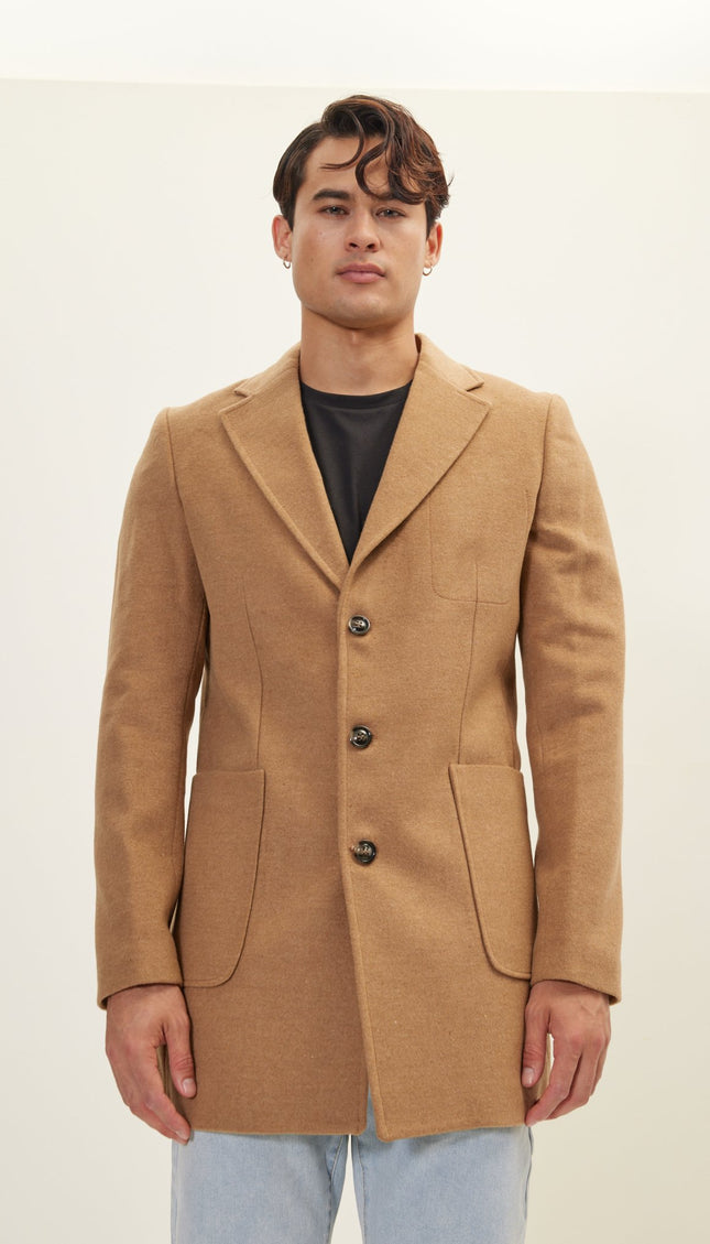 Three - Button Closure Winter Coat - Camel - Ron Tomson