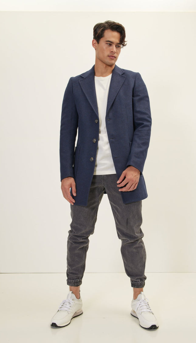 Three-Button Closure Winter Coat - Navy - Ron Tomson