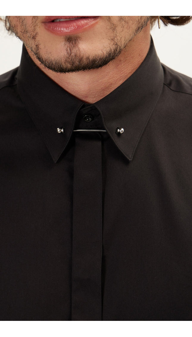 Tie-Bar Hidden Placket Dress Shirt - Jet Black - Ron Tomson