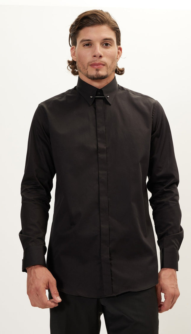 Tie-Bar Hidden Placket Dress Shirt - Jet Black - Ron Tomson