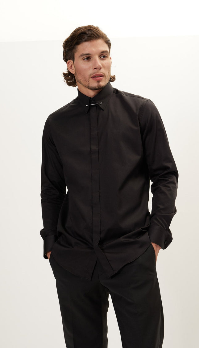 Tie-Bar Hidden Placket Dress Shirt - Jet Black - Ron Tomson