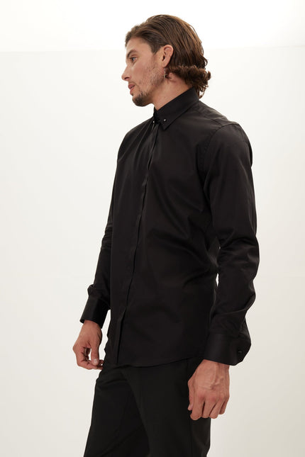 Tie-Bar Hidden Placket Dress Shirt - Jet Black - Ron Tomson