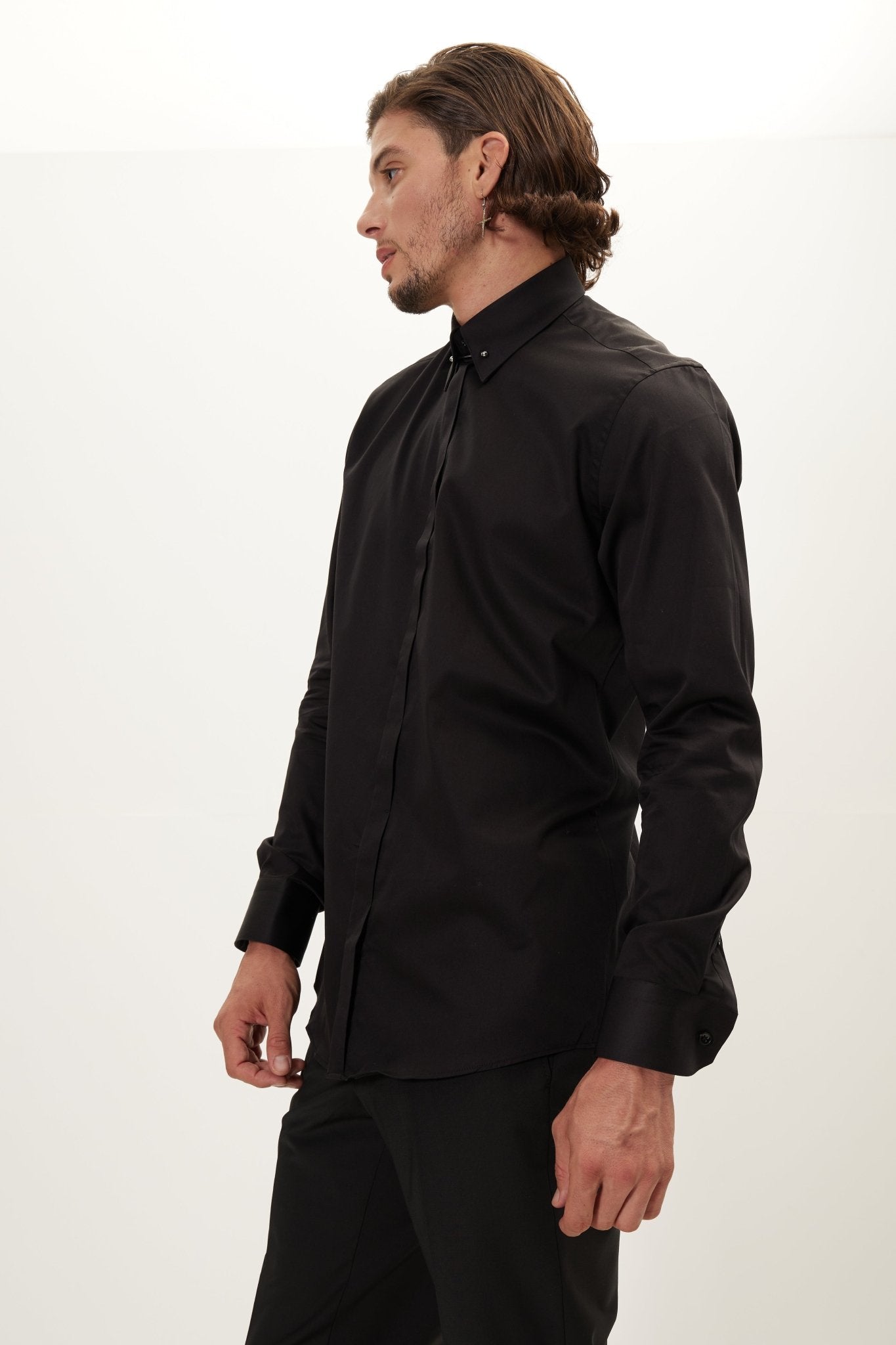 tie bar dress shirts Men's Hidden Placket Dress Shirt - Jet Black