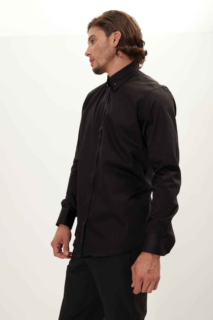 Tie-Bar Hidden Placket Dress Shirt - Jet Black - Ron Tomson