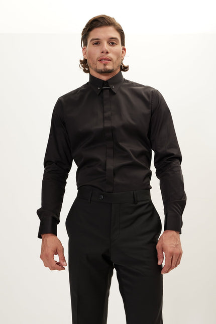 Men's Collar Pin Hidden Placket Dress Shirt - Jet Black