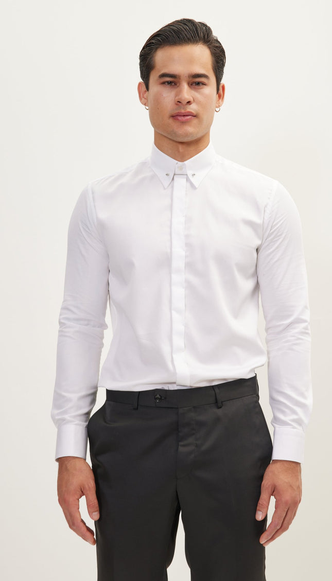 Tie-Bar Hidden Placket Dress Shirt - White - Ron Tomson