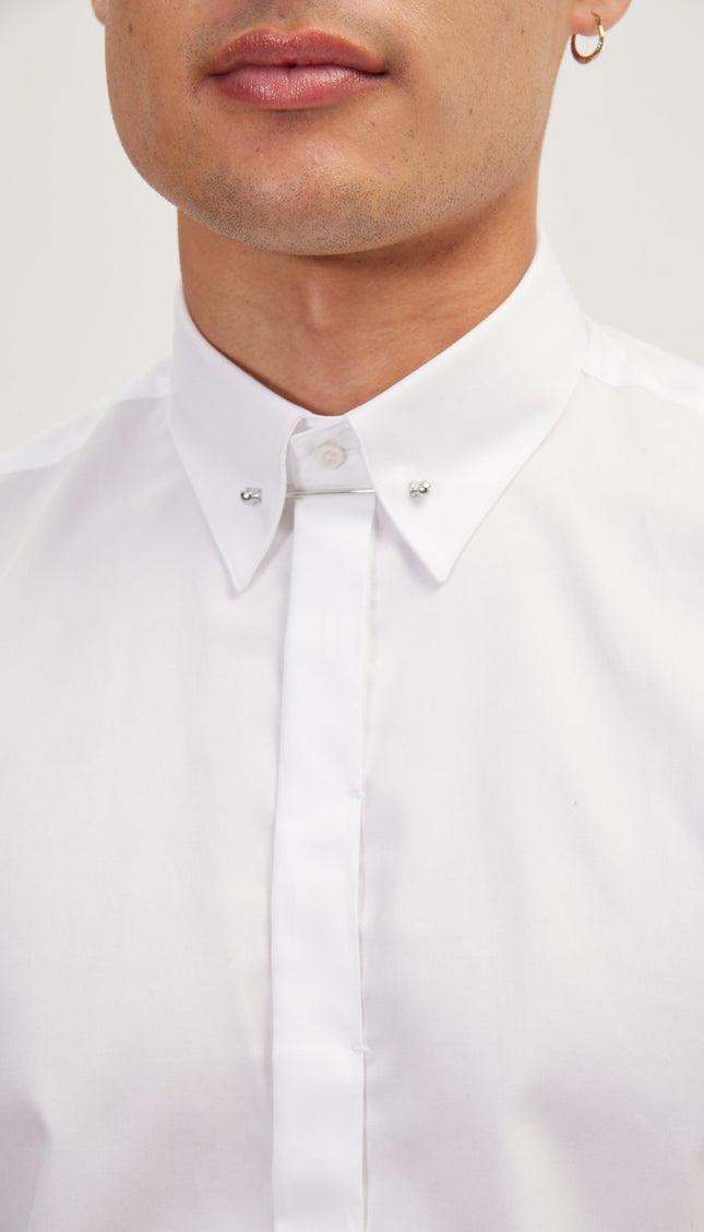 Tie-Bar Hidden Placket Dress Shirt - White - Ron Tomson