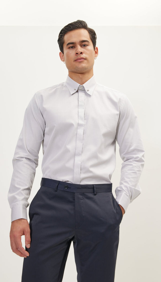 Tie-Bar Hidden Placket Shirt - Grey - Ron Tomson