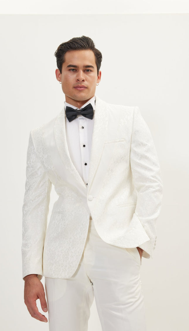 Tonal Shawl Lapel Lace Tuxedo Jacket - White - Ron Tomson