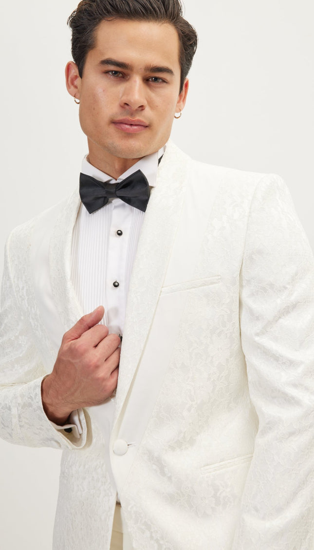 Tonal Shawl Lapel Lace Tuxedo Jacket - White - Ron Tomson