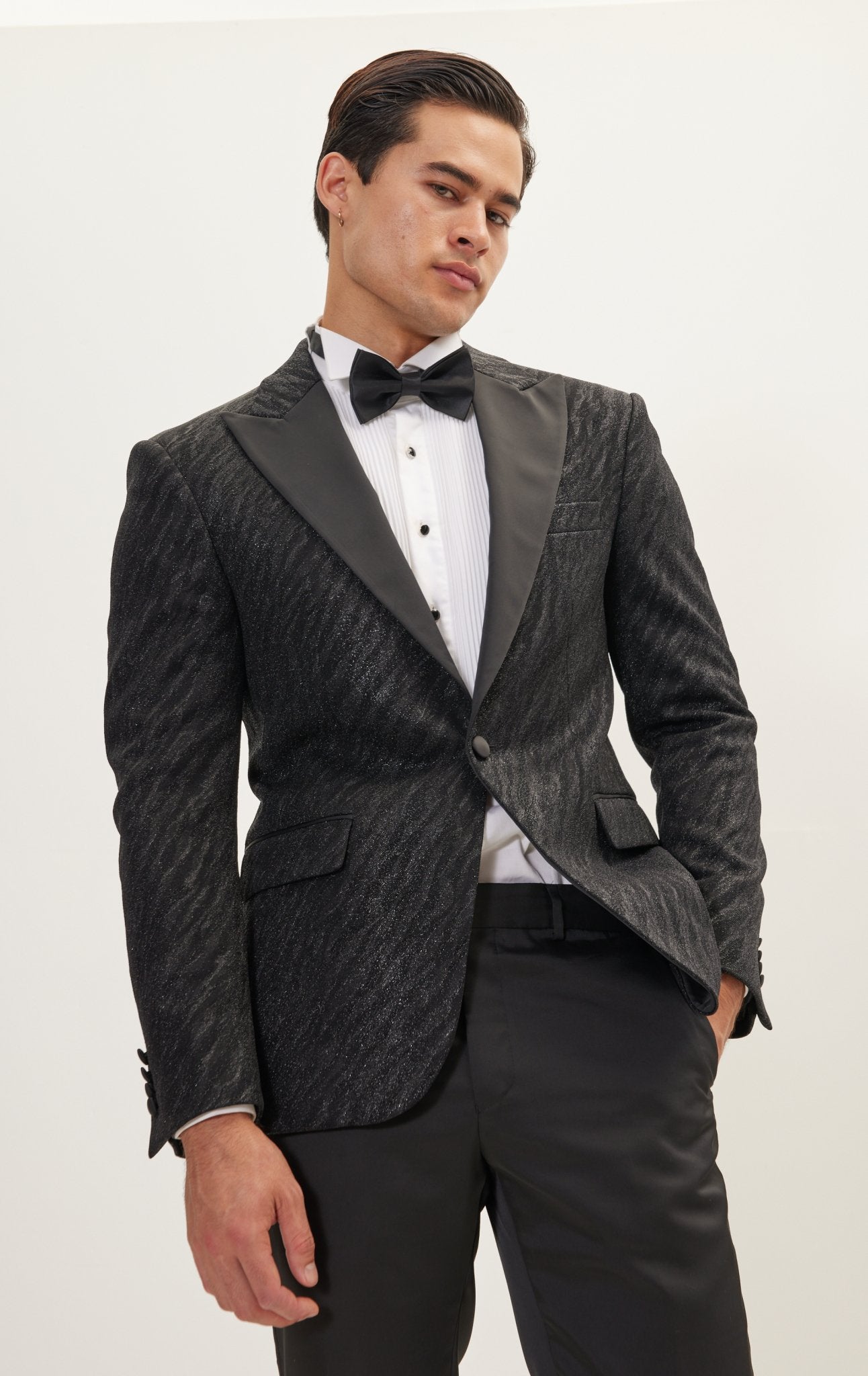 Tone On Tone Zebra Texture Tuxedo Jacket Black