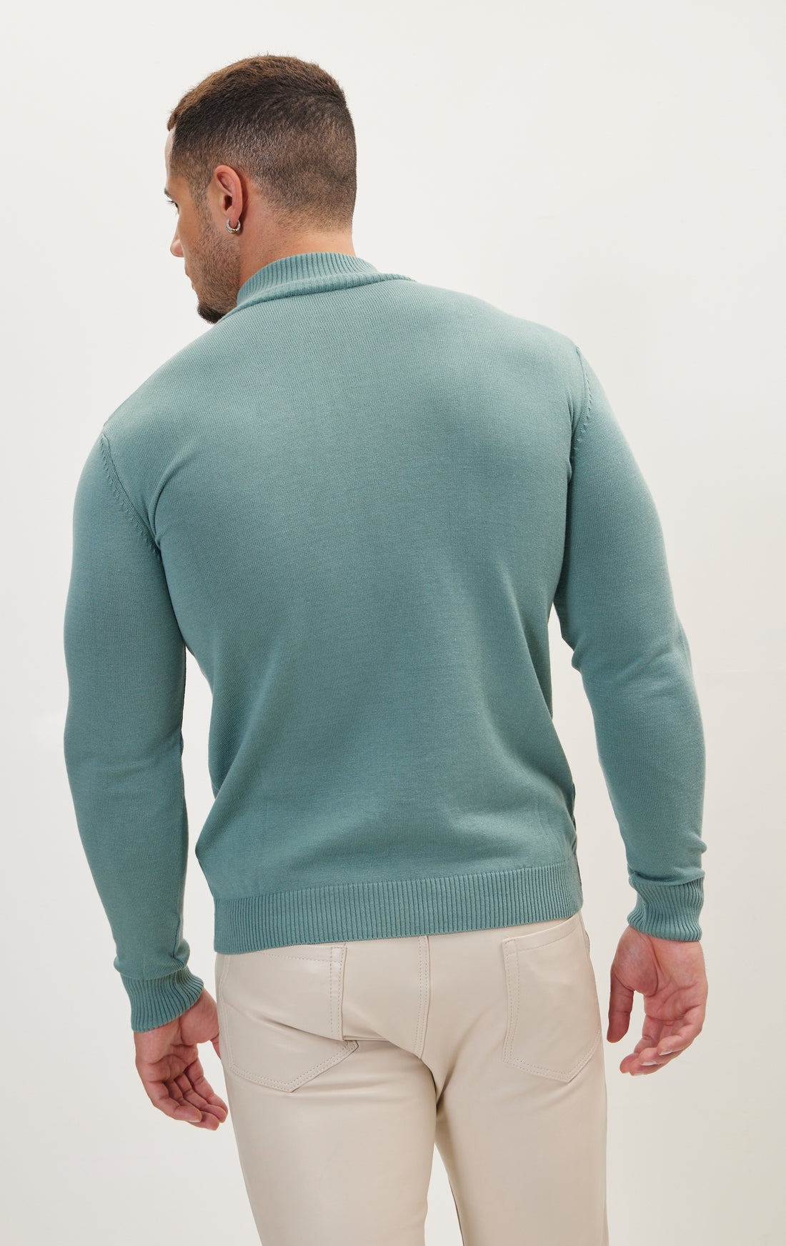 Quarter Zipper Mock Neck Ribbed Sweater - Teal Green