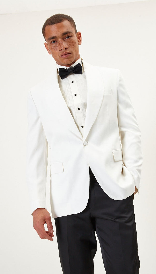 Twill Weave Shawl Lapel Tuxedo Jacket - White - Ron Tomson