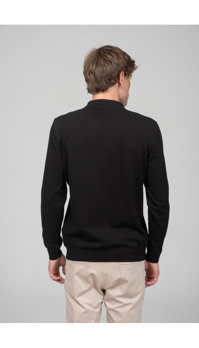 Two Button Down Polo Sweater - Black - Ron Tomson