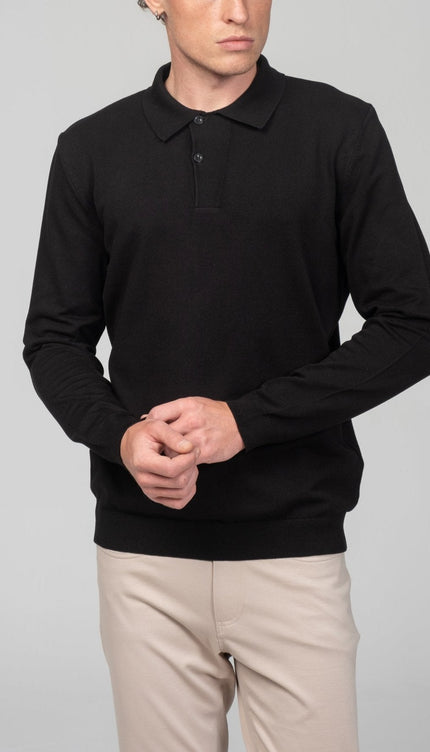 Two Button Down Polo Sweater - Black - Ron Tomson