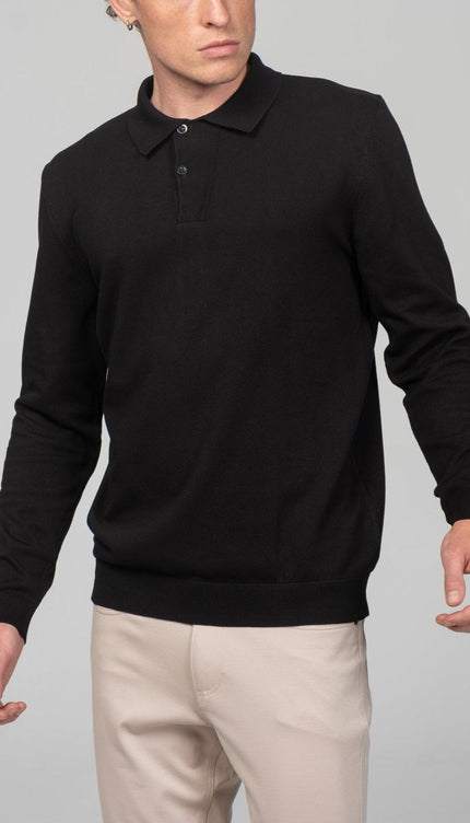 Two Button Down Polo Sweater - Black - Ron Tomson