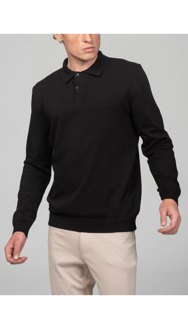 Two Button Down Polo Sweater - Black - Ron Tomson