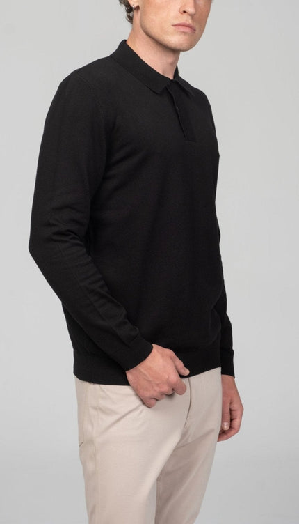 Two Button Down Polo Sweater - Black - Ron Tomson