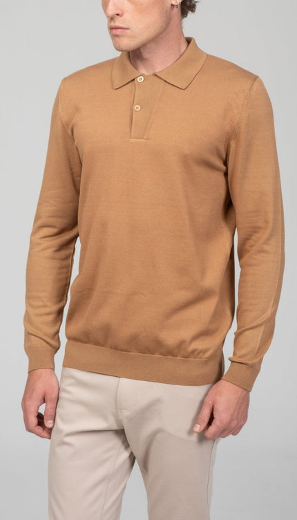 Two Button Down Polo Sweater - Camel - Ron Tomson