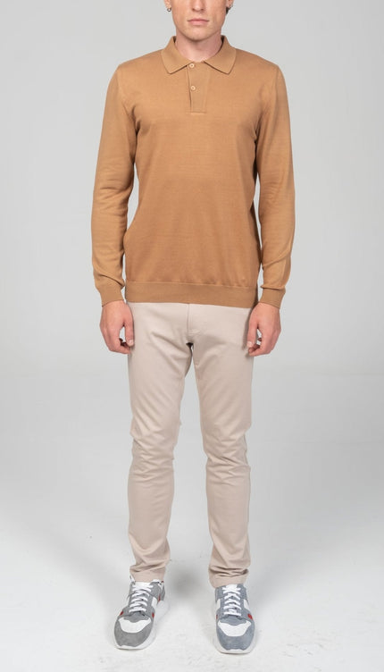 Two Button Down Polo Sweater - Camel - Ron Tomson