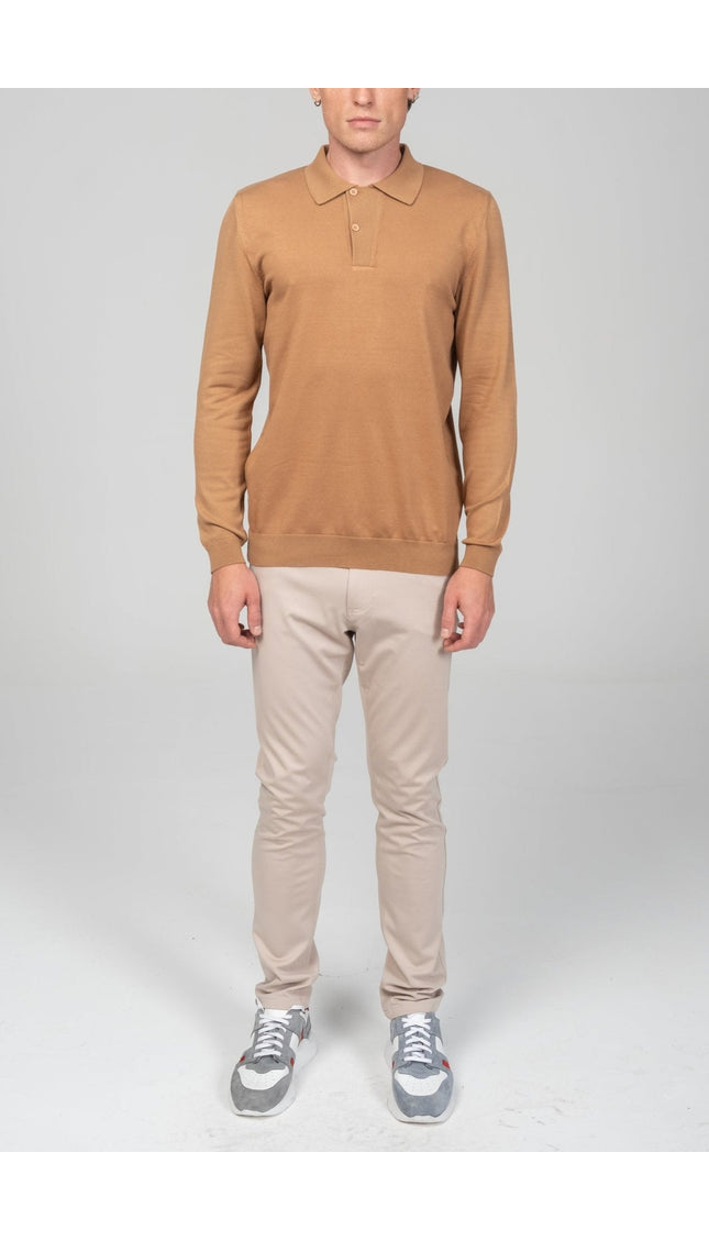 Two Button Down Polo Sweater - Camel - Ron Tomson