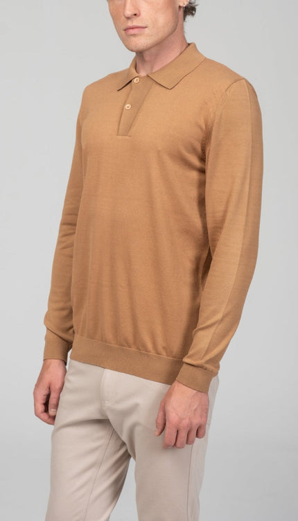 Two Button Down Polo Sweater - Camel - Ron Tomson