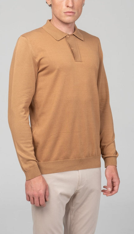 Two Button Down Polo Sweater - Camel - Ron Tomson