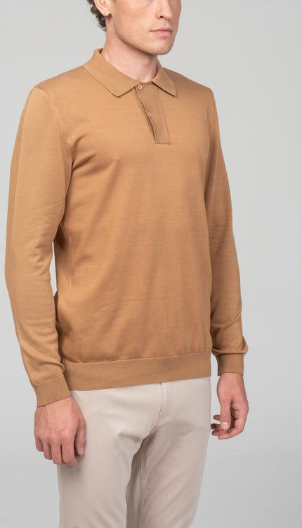 Two Button Down Polo Sweater - Camel - Ron Tomson