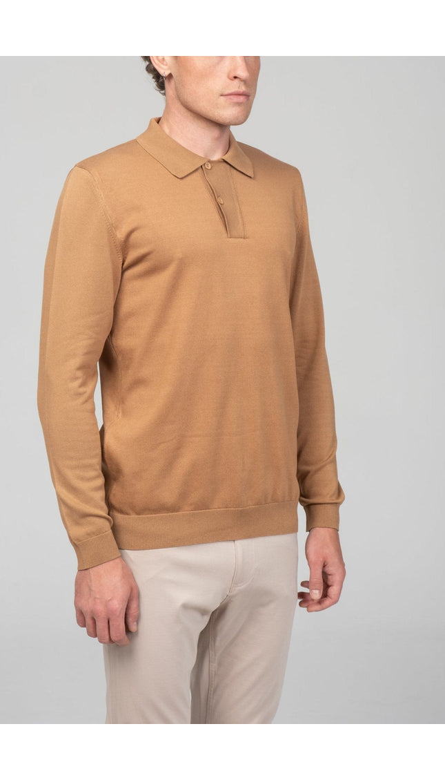 Two Button Down Polo Sweater - Camel - Ron Tomson