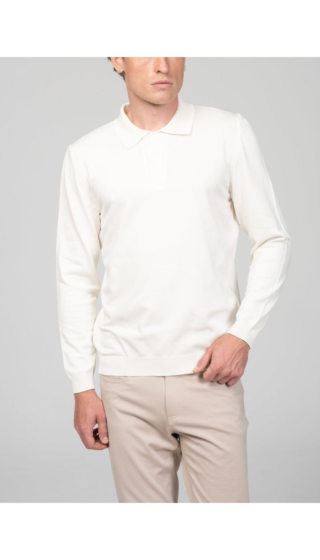 Two Button Down Polo Sweater - Ecru - Ron Tomson