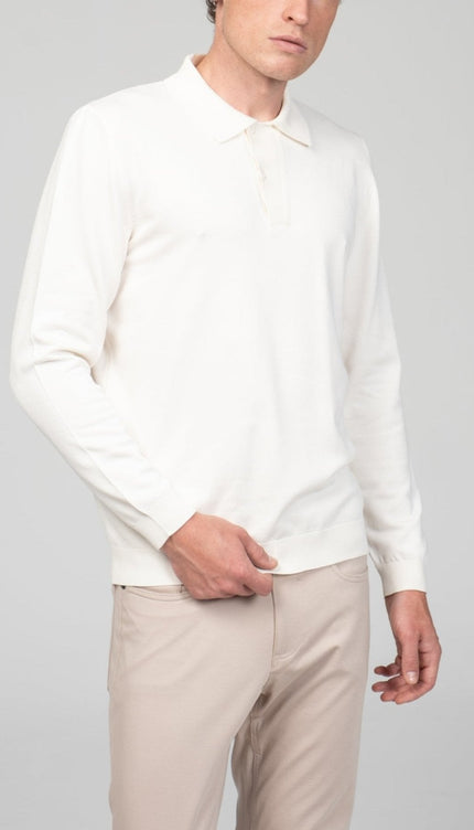 Two Button Down Polo Sweater - Ecru - Ron Tomson